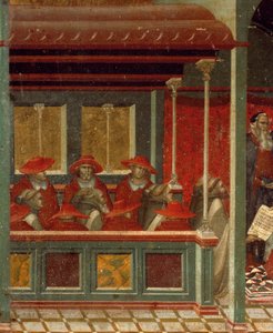 カルメル会の支配を承認するホノリウス3世、ピエトロ・ロレンツェッティ（1280年頃～1348年頃）によるカルミネのための祭壇画のプレデラの細部、木板にテンペラと金彩 作： Pietro Lorenzetti