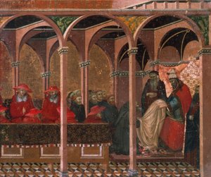 カルメル会の支配を承認するホノリウス3世、ピエトロ・ロレンツェッティ（1280年頃～1348年頃）によるカルミネのための祭壇画のプレデラの細部、木板にテンペラと金彩 作： Pietro Lorenzetti