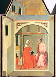 ロザーナは聖なる生活のために夫のウゴロットと別れる。ピエトロ・ロレンツェッティ（1280年頃～1348年）の「祝福された謙虚さ」の祭壇画からのタイルで、木板にテンペラと金で描かれている。 作： Pietro Lorenzetti
