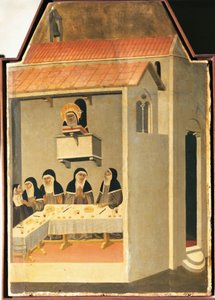 サンタ・ペルペトゥアの食堂で奇跡的に読書をする福者、ピエトロ・ロレンツェッティ（1280年頃～1348年）による福者の祭壇画のタイル、木にテンペラと金箔 作： Pietro Lorenzetti