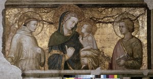 聖ヨハネと聖フランソワの間の聖母子像 ピエトロ・ロレンツェッティ（1280-1348）によるフレスコ画（アッシジ（Assisi）下層バジリカ、オルシーニ礼拝堂）。