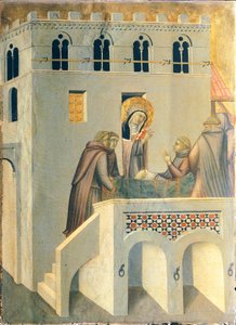 ヴァロンブローザ修道院の修道士の足を癒す福者。ピエトロ・ロレンツェッティ（1280年頃～1348年）の「福者の謙虚さ」の祭壇画からのタイルで、木板にテンペラと金を使用しています。
