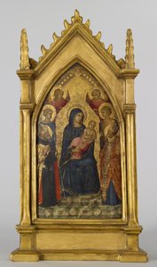 聖人のアウグスティヌス、ニコラス、キャサリン、ルーシー、天使との聖母子、c.1340-45（パネル上のテンペラと金箔）