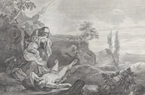左のアダムとイブは、老夫婦として、横たわっているアベルの死体を悼んでいます..., 1743-63. 作： Pietro Monaco