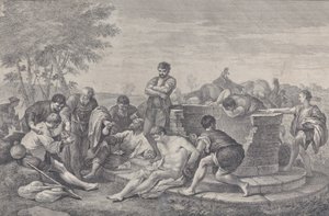 ヨセフは、1730 年から 1739 年を分断する井戸の周りに座っている兄弟たちによって奴隷に売られました。 作： Pietro Monaco