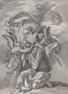天から降りてくる神から律法の板を受け取るモーセ。 1730-39。 作： Pietro Monaco