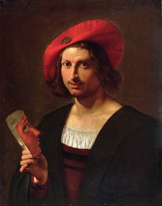 バッジ付きの帽子をかぶった若い男の肖像、仮面を持っている（キャンバスに油彩） 作： Pietro Paolini