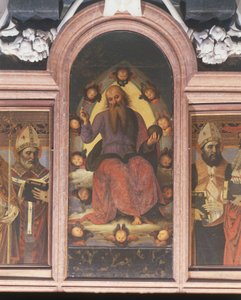 イタリア、ロンバルディア州、パヴィアの憲章館（チェルトーザ）、左の第2礼拝堂、ピエトロ・ヴァヌッチまたはペルジーノの「ベネディクトリー永遠の父」のポリプティク 作： Pietro Perugino