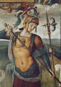 スパルタのレオニダス1世（紀元前540～480年）、ラセデーモン人の王。ピエトロ・ヴァヌッチ・ディット・イル・ペルジーノ（ペルジーノ家）のフレスコ画「6人の古代の英雄との強さと節制」のディテール