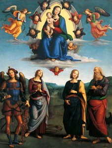 ピエトロ・ペルジーノ（約1450-1523）の「栄光の聖母」（約1500-1501）は、木に油彩、330x265cm。 作： Pietro Perugino