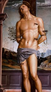 1490年以降の聖セバスチャン。パネルに油彩。 作： Pietro Perugino