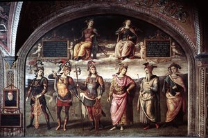 6人の古代の英雄たちとの強さと節制 左にだまし絵で描かれた画家の自画像、左からルシウス・リキニウス・クラッスス（紀元前140-91年）、スパルタのレオニダス1世（紀元前540-480年）、ラケデの王、プブリウス・コルネリウス・スキピオン（紀元前255-211年）の順に並んでいます。 作： Pietro Perugino