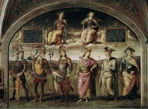 6人の古代の英雄たちとの強さと節制 左にだまし絵で描かれた画家の自画像、左からルシウス・リキニウス・クラッスス（紀元前140-91年）、スパルタのレオニダス1世（紀元前540-480年）、ラケデの王、プブリウス・コルネリウス・スキピオン（紀元前255-211年）の順に並んでいます。