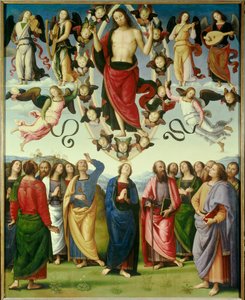 キリスト昇天図 ピエトロ・ヴァヌッチ（イル・ペルジーノ）（1450-1523）の絵画 1496年 日。3,25x2,65 m リヨン、美術館 - キリストの昇天。イル・ペルジーノと呼ばれるピエトロ・ヴァヌッチ（1450-1523）の絵 作： Pietro Perugino