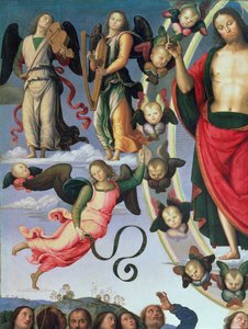 キリストの昇天、キリストとミュージシャンの天使の詳細、右上セクション、89700のパネル詳細に1495-98の油彩 作： Pietro Perugino