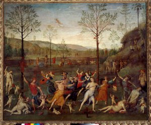 ピエトロ・ヴァヌッチ（イル・ペルジーノ）（1450-1523）の「愛の戦い」と「シャステット」の絵 作： Pietro Perugino