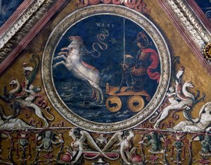 アレゴリー「マルスの戦車」、フレスコ画「預言者とシビュルを連れた主」の細部 作： Pietro Perugino