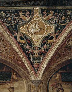 Warriors On Horseback（馬上の戦士）の天井装飾。ペルジーノの絵画（ピエトロ・ヴァヌッチが呼んだ 作： Pietro Perugino