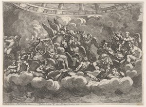 雲の中の様々なオリンピアの神々と神話の人物の集まり、ce ...、ca。 1680