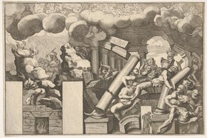 岩と寺院の柱に落ちた巨人、上の煙の雲...、およそ。 1680