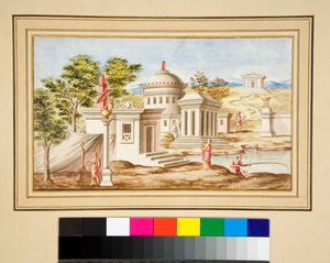 絵画のある壁の大きなデザイン。(黒のチョーク、ペンと茶色のインクで描かれたもの、水彩で着色されたものがあります。)