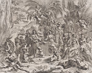 絵画のアレゴリー、中央左の子供がタブレットに絵を描いている...、1637-38。 作： Pietro Testa