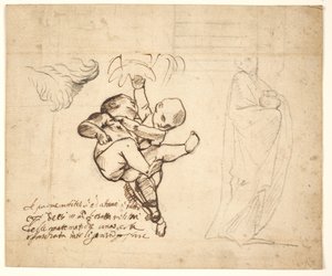 2 つの遊ぶプッティ、葉、壷を持ったドレープの人物の習作 作： Pietro Testa