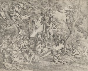 パンの群れの前の中央に横たわり、…を取り囲んでいるヴィーナスの庭。 1631-37。