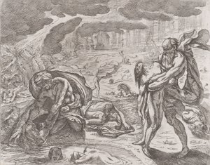 大洪水、水から引き上げられる人物、約 1640-42。 作： Pietro Testa