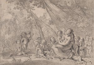 チャリティーの庭、子供たちに囲まれた右側のチャリティーを代表する女性、...、ca. 1631-37。 作： Pietro Testa