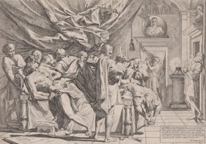 ベッドに横たわり内臓を引っ張り出している哲学者カトーの自殺は、1648年に見られました。