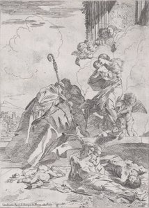 3 人のルッケーゼの聖人聖ニコラス トレンティーノ、バーリのニコラスがとりなしをしている..., ca. 1630-31。 作： Pietro Testa