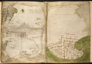 エルサレムとエーカーの地図、マリノ・サヌード・トルセロ、「十字架の信者の秘密の書」、1320-1325年頃（羊皮紙のボディカラー） 作： Pietro Vesconte
