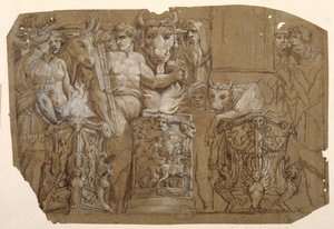 アンティークの生け贄とペルセウスとアンドロメダの結婚、ポリドーロ・ダ・カラヴァッジオ（c.1499-1543）の後（茶色にウォッシュした紙に黒チョークで前処理をした上に白のボディカラーで盛り上げた茶色のウォッシュをかけたペンと茶色のインク）。 作： Pietro da Cortona