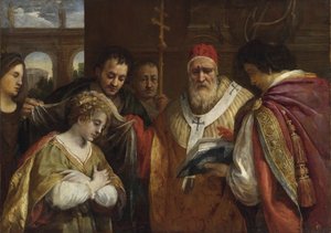 Flavia Domitilla (Morte apres 95) recevant le voile du pape Clement I - 教皇クレメンス1世からヴェールを受け取る聖女ドミティラ par Cortona, Pietro da (1596-1669).油彩・キャンバス、サイズ：123x172,7、個人蔵 作： Pietro da Cortona