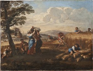 コルトーナ、ピエトロ・ダ（1596-1669）（ピエール・ド・コルトーネ）の「収穫のある風景」。キャンバスに油彩。寸法：50x65cm。ストックホルム国立博物館 作： Pietro da Cortona