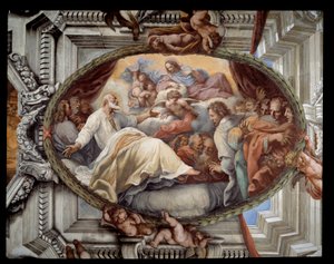 処女の出現後の聖フィリッポの回復 ピエトロ・ダ・コルトーナ（コルトーナのペーター）（1596-1669）による側近のフレスコ画 1652年 ローマ、サラ・ロッサ（赤い部屋） サンタ・マリア・イン・ヴァリチェッラ教会 イタリア 作： Pietro da Cortona