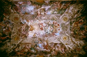 バルベリーニ家の栄光：「神の摂理の勝利」バルベリーニ家（教皇ウルバン8世）の摂理と神の力の寓意。コルトーナの石（ピエトロ・ベレッティーニ・ディット・ピエトロ・ダ・コルトーナ（1596-1669））がバルベリーニ家の天井を飾ったフレスコ画