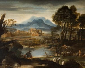 湖と城壁に囲まれた町のある風景、1635年。 作： Pietro da Cortona