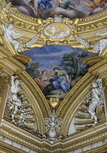 サラ・ディ・アポロのアポロ殿堂、タリアとクリオのミューズを描いたペンダントの細部、1647年頃のフレスコ画 作： Pietro da Cortona