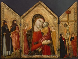 マドンナとチャイルド、はりつけと聖人、c.1340-1370（パネル上のテンペラと金箔） 作： Pietro follower of Lorenzetti