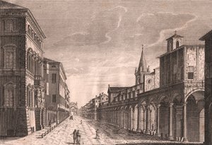 イタリア、エミリア・ロマーニャ州、ボローニャのマッジョーレ通りの眺め、ピオ・パンフィーリ（1723-1812）のデッサンに基づくCランベルティーニの銅版画、約13.5x19cm。 作： Pio Panfili