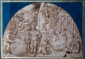 天文学のアレゴリー。科学者が地球儀で計測している。茶色のインクで描かれたピロ・リゴリオ（1500年頃～1583年）のドローイング 16世紀 パリ、ルーヴル美術館 作： Pirro Ligorio
