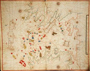 エーゲ海、6 つのチャートからなるポルトラン アトラスから、Placido Caloiro と Francesco Oliva 作、羊皮紙。 1646年。