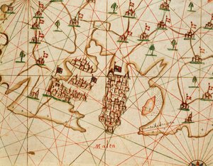 Placido Caloiro と Francesco Oliva による 6 つのチャートからなる Portolan Atlas からのマルタ島、羊皮紙。 1646年。