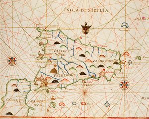 Placido Caloiro と Francesco Oliva による 6 つのチャートからなる Portolan Atlas のシチリア、羊皮紙。 1646年。 作： Placido Caloiro e Oliva