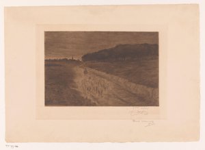 荒野の道で羊飼いと一緒に羊の群れ 作： Pol Craps (signed by artist)