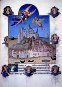 モンサンミッシェル（Mont-Saint-Michel）の眺め：大天使サンミッシェルと竜の翼が空中で戦っている様子が表現されています。ジャック大帝（1360-1415/1418）がジョンに捧げた『善きムーア人の書』のポル・ド・リンブルフのフランドル細密画 作： Pol de Limbourg