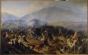1848年のアフティの包囲戦。北コーカサス山脈での戦闘シーン。ロシア軍とイマーム・シャミル (シャミル) (1797-1871) の部隊との間。独立と宗教上の理由から戦士たちを率いた (ジハード）。 描きました