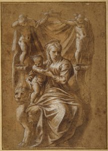 配置された聖母子像（紙にペン、茶インク、ボディカラー 作： Polidoro da (follower of) Caravaggio